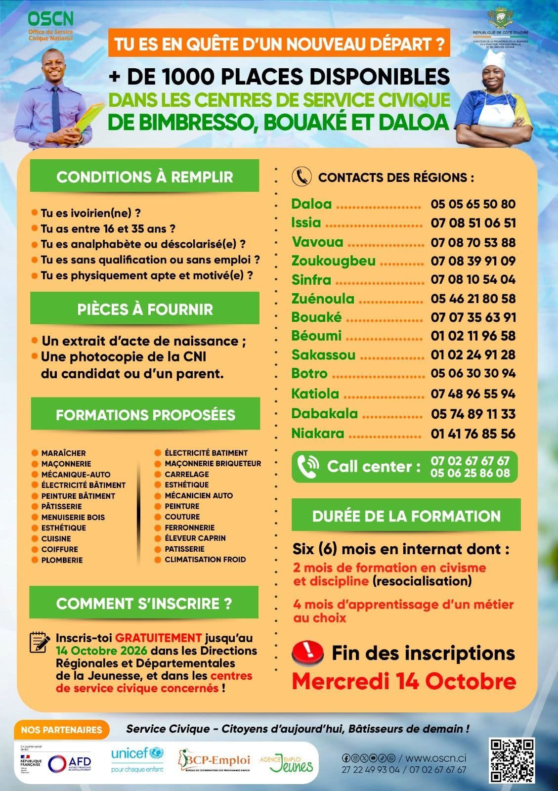 Service civique 2026 : plus de 1 000 places ouvertes à Daloa, Bouaké et Bimbresso