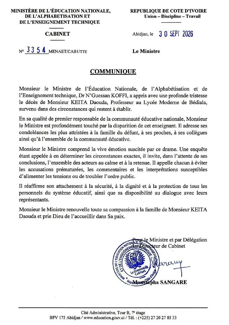 Le communiqué du ministère de l'Éducation nationale après le décès de Keïta Daouda