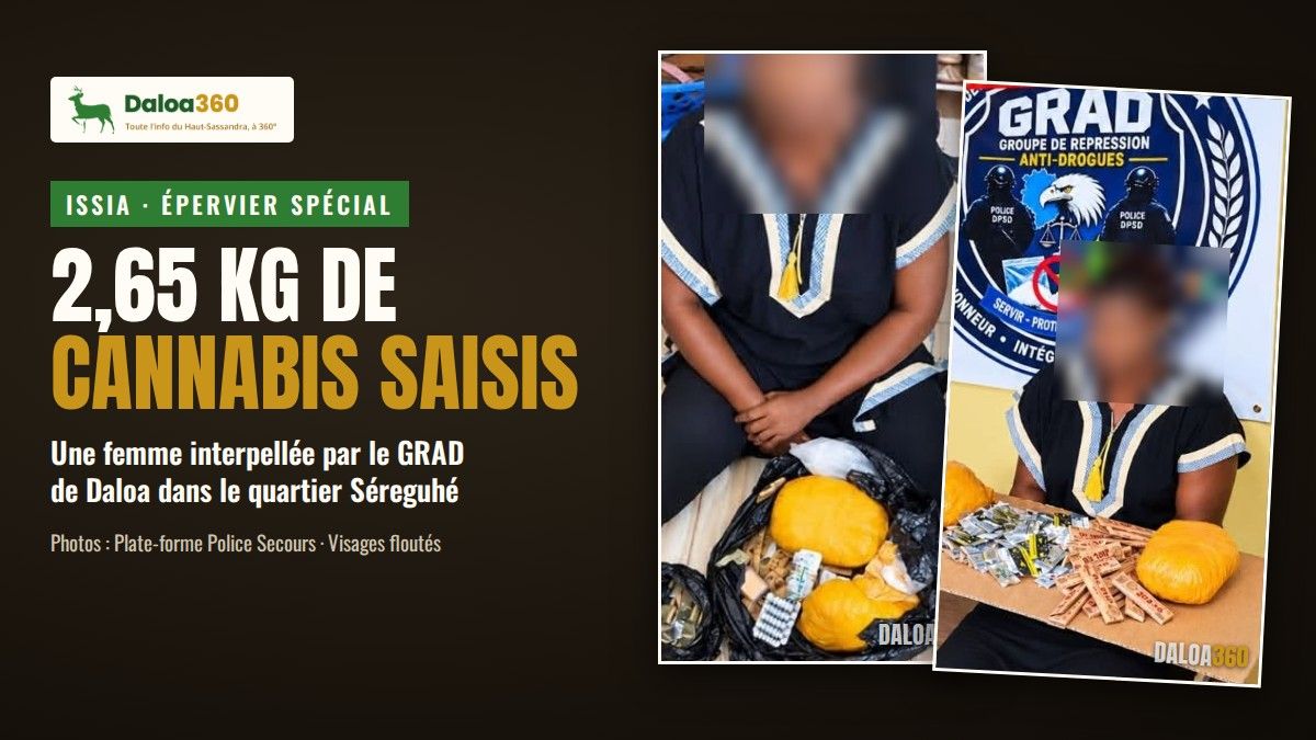 Femme au visage flouté assise près d’un sachet contenant du cannabis et des comprimés à Issia